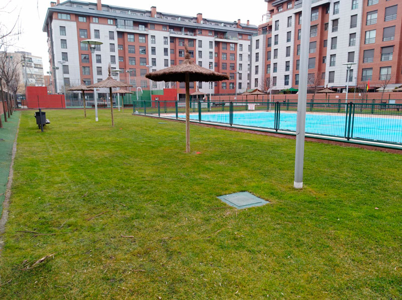 Instalación de Sombrillas de Brezo en jardín con piscina