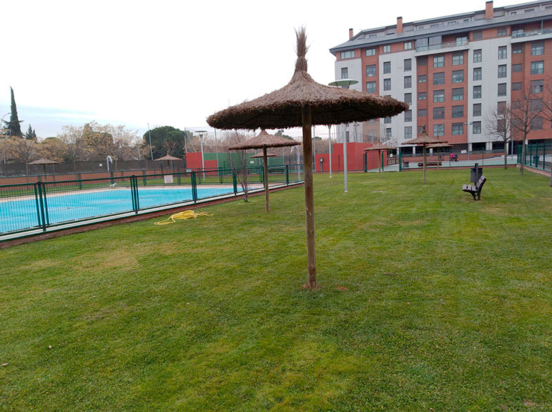 Instalación de Sombrillas de Brezo en jardín con piscina